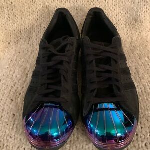 Adidas women’s black sneakers with rainbow metal toe, size 8.